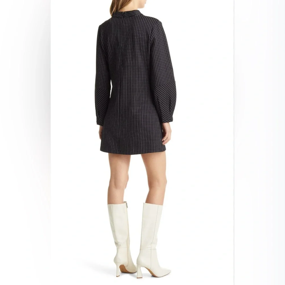 Halogen XXS Black Grid Print Shift Dress Mock Neck Long Sleeve Workwear - Picture 2 of 8